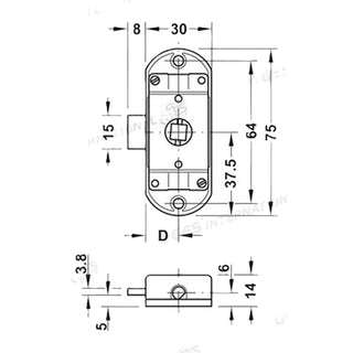 Serratura ad aste rotanti destra con entrata 15 mm - Dimensioni 75 x 30 x 10 mm.