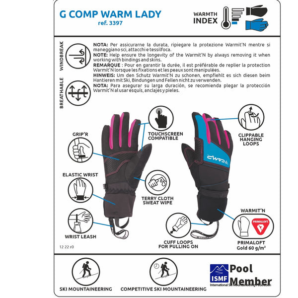 CAMP G COMP WARM LADY GUANTI INVERNALI DONNA DA SCIALPINISMO/SPORT INVERNALI CON SOVRAGUANTO TERMICO A MOFFOLA ISOLANTE E ANTIVENTO - COLORE: NERO/AZZURRO//FUCSIA