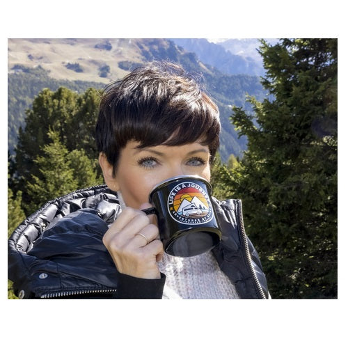 Tazza con cannella LIFE IS A JOURNEY H8cm Ø8,5cm 350ml, nero