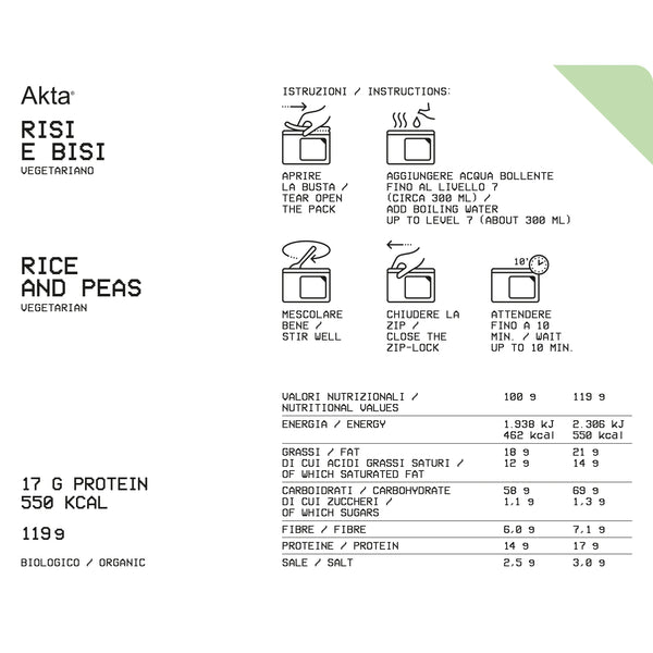 AKTA RISI E BISI - PASTO LIOFILIZZATO BIOLOGICO 550 kcal riso e piselli