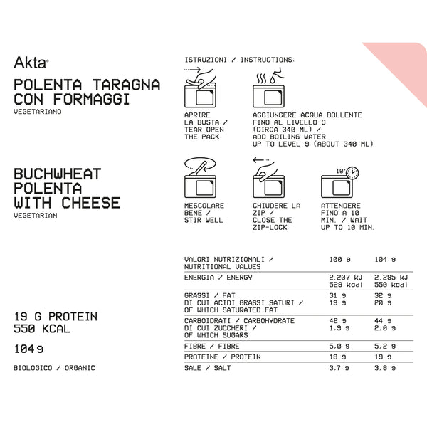 AKTA POLENTA TARAGNA CON FORMAGGI - PASTO LIOFILIZZATO BIOLOGICO 550 kcal